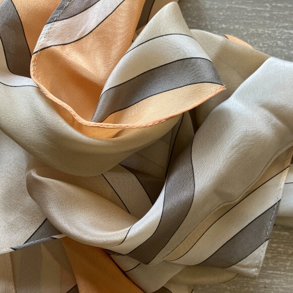 Vintage Silk Scarf Peach Gray Beige and White Diagonal Stripe Bias - Picture 3 of 5